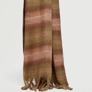 Pink, Olive, Tan, Brown Plaid Multicolored Long Fringed Scarf